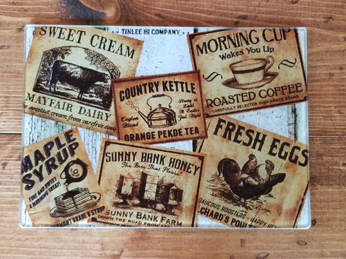 Vintage Labels Glass Cutting Board