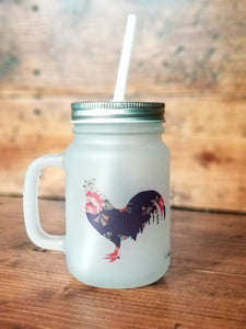 Navy Floral Rooster Frosted Mason Jar