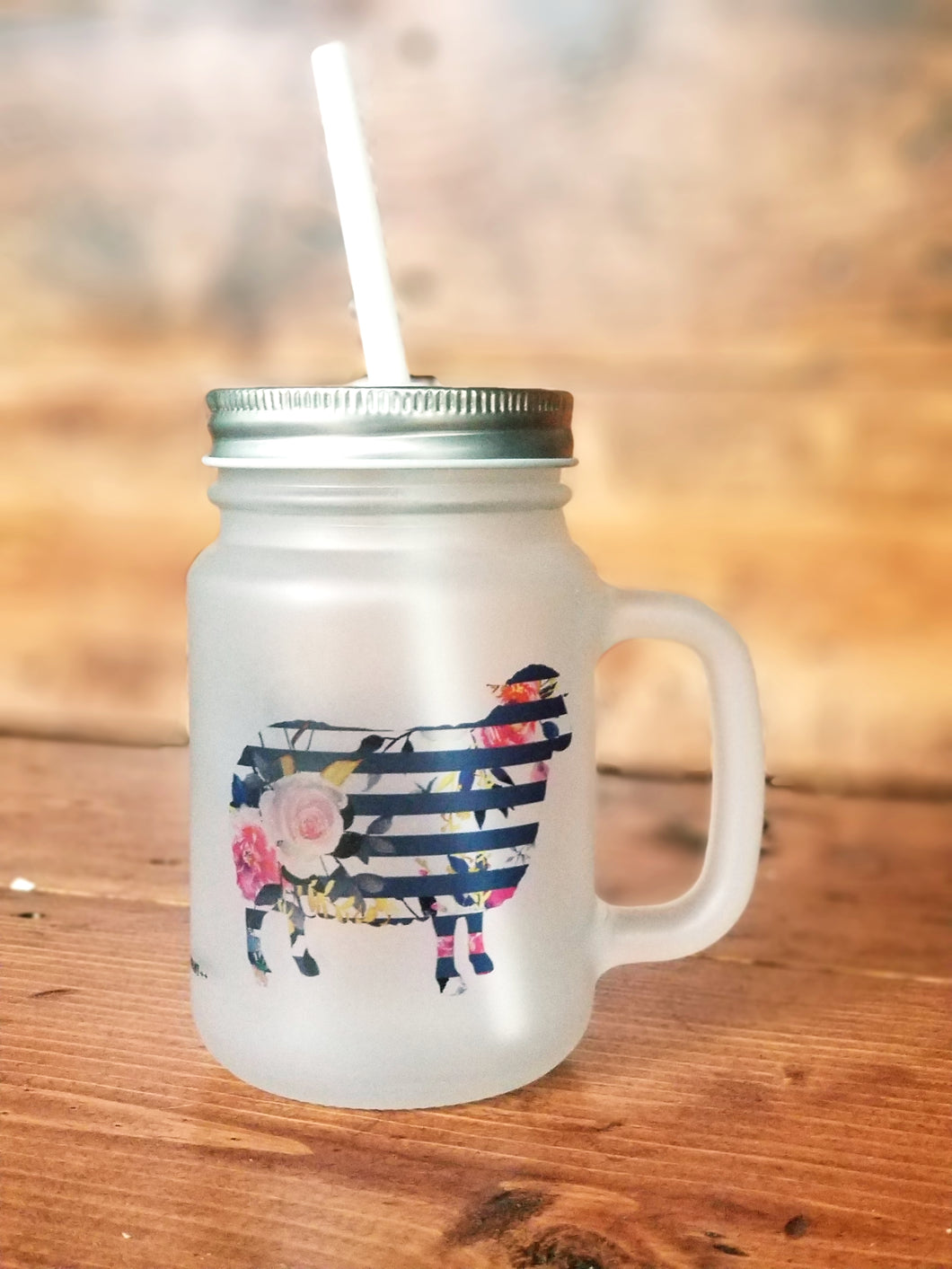 Striped Floral Sheep Frosted Mason Jar