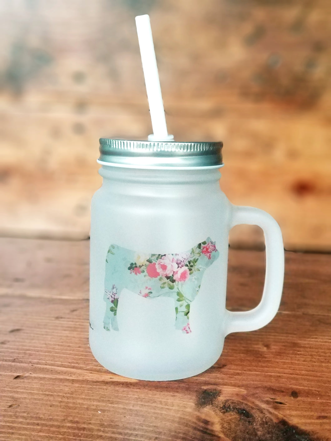 Aqua Floral Steer Frosted Mason Jar