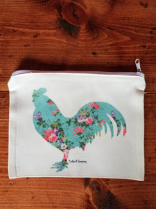 Aqua Floral Rooster Makeup Bag