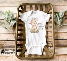 "Oh, Hay! I'm Moo Here" onesie with a sweet calf and her bees and flowers.